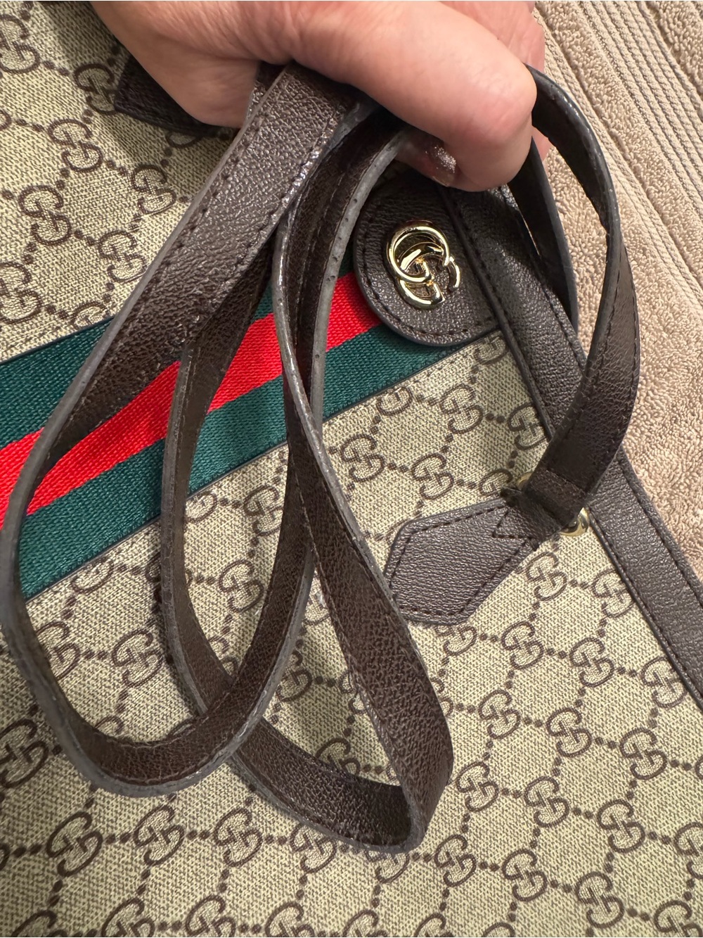 Designer Inspired Beige Supreme Purse (Bag) w/ Green & Red Web Stripe - Signatur - Picture 8 of 10